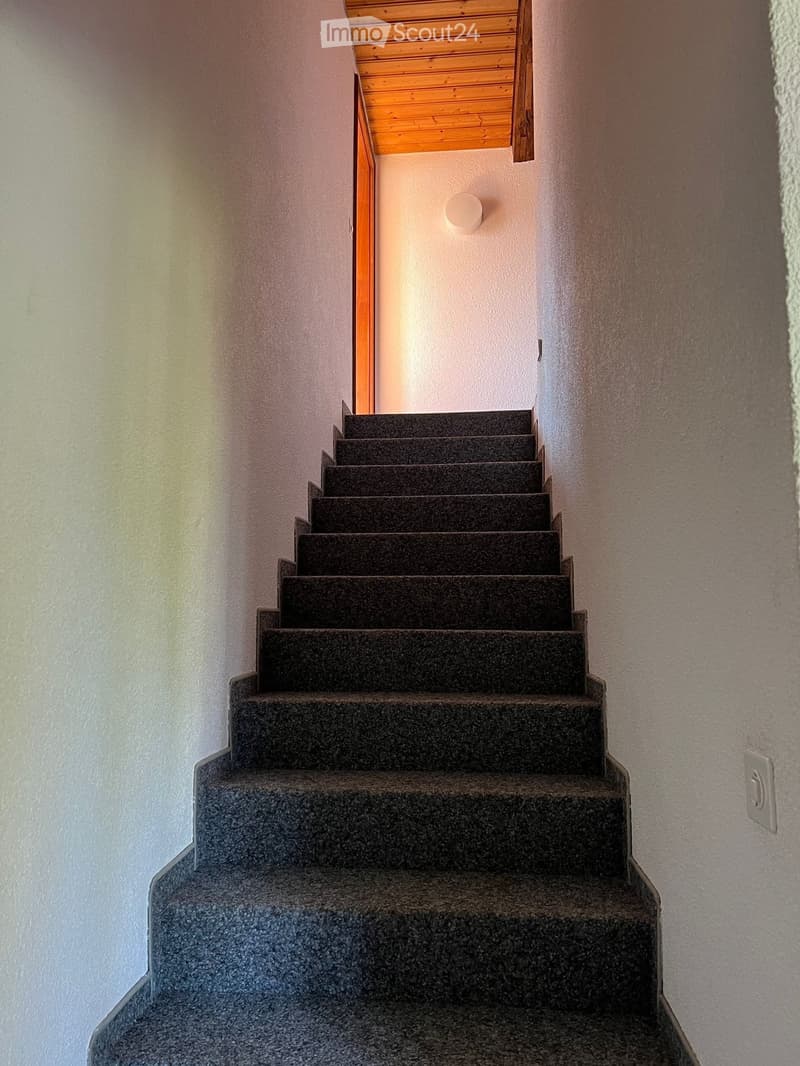 Spiral staircase with gray carpeted steps and wooden handrail, illuminated by a wall-mounted light fixture.