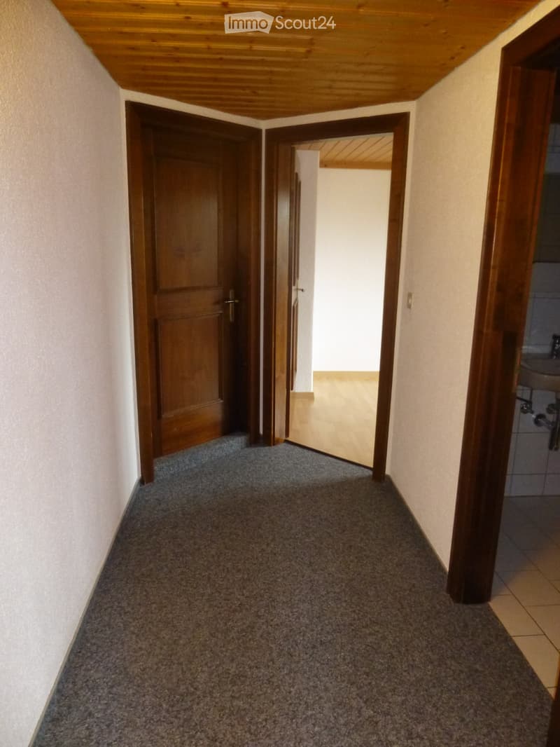 Carpeted hallway with wooden doors and a wooden ceiling, leading to a room with wooden flooring and a visible bathroom area.