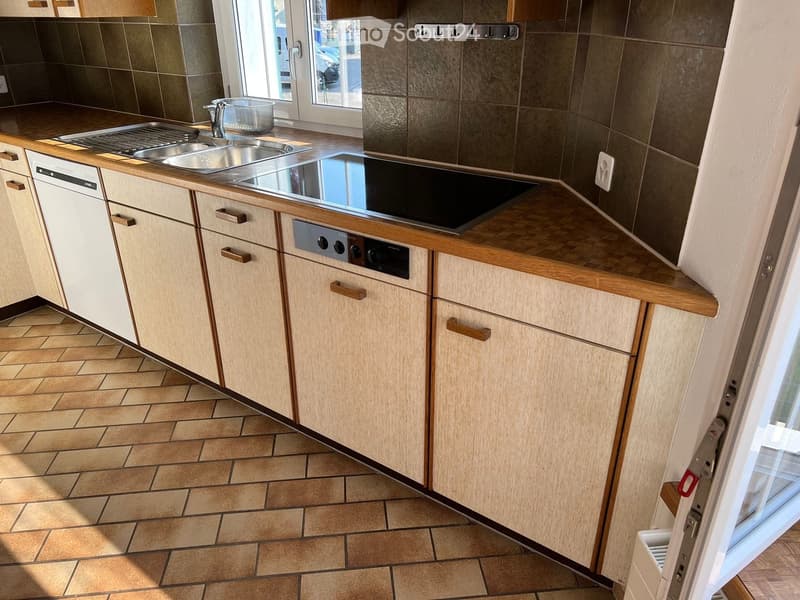 Modern kitchen with light wooden cabinets, stainless steel sink, induction stove, and dishwasher. Brown tiled floor and tiled backsplash.