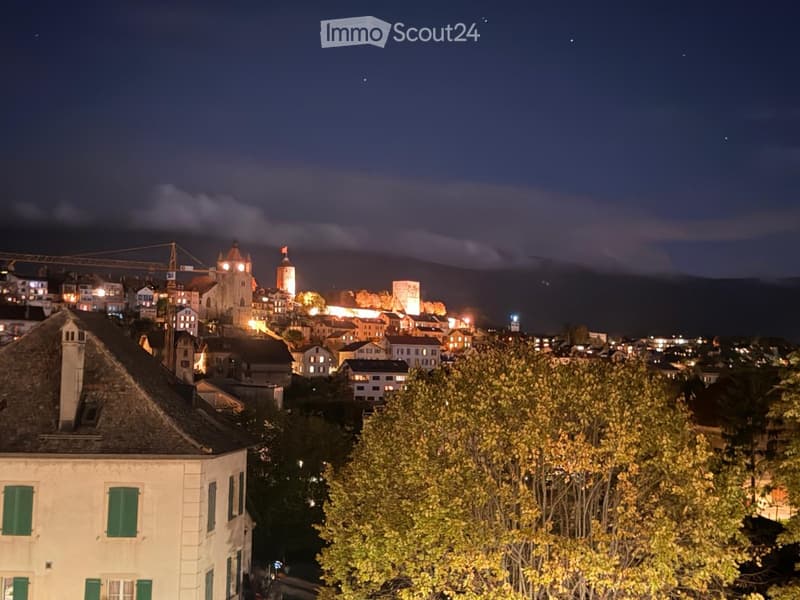 Nighttime view of a town with illuminated buildings, a prominent church tower, and a bridge, surrounded by trees.