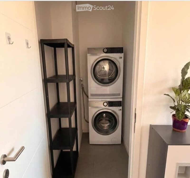 A small, well-lit laundry area with a washing machine, dryer, a black shelving unit, a small table with a potted plant, and a door with a silver handle.
