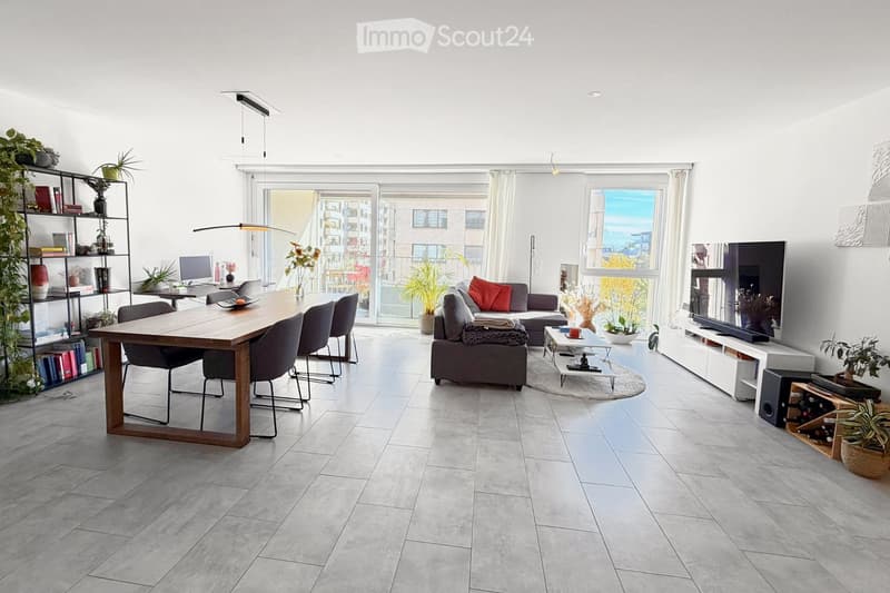 Modern open-plan living and dining area with grey sofa, coffee table, dining table, chairs, bookshelf, laptop, TV, and plants.