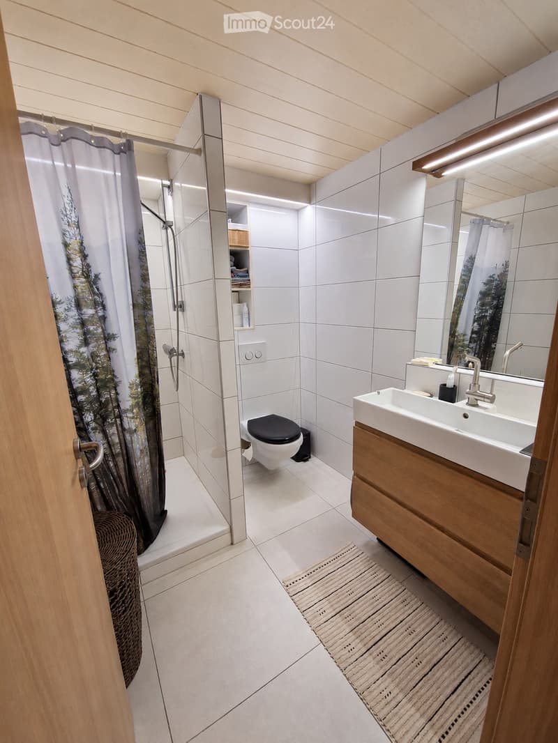 Modern bathroom with white tiles, wooden cabinet, sink, toilet, shower, and a decorative rug.