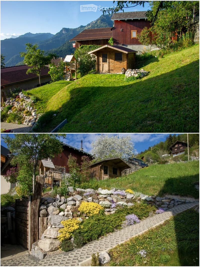 Two images show a scenic mountain village with wooden houses, lush green lawns, and a small garden with colorful flowers and a stone pathway.
