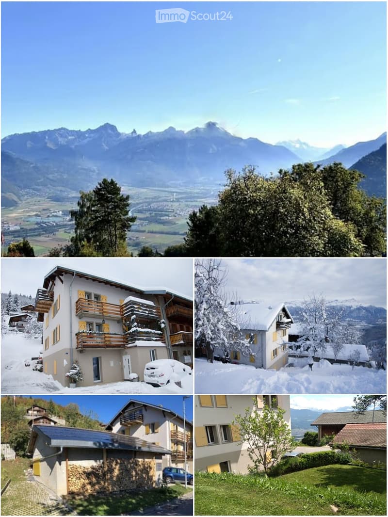 A collage of images showcasing various houses in a mountainous region, featuring balconies, snow-covered roofs, and scenic mountain views.