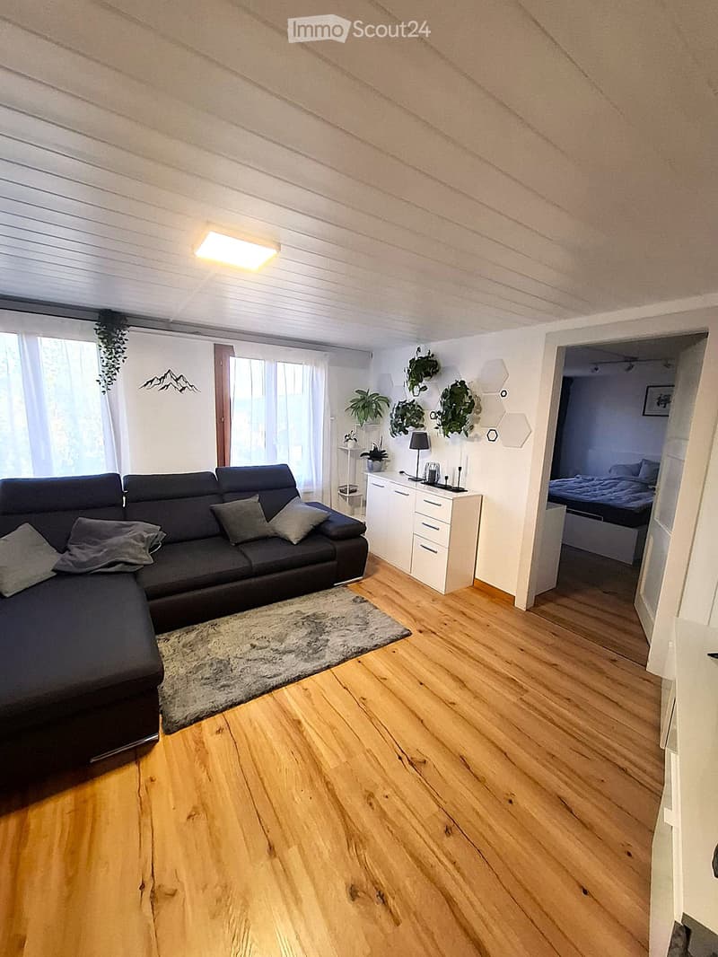 Modern living room with wooden flooring, a dark grey sectional sofa, a white side table with a lamp, a small cabinet, and a view into a bedroom with a bed.