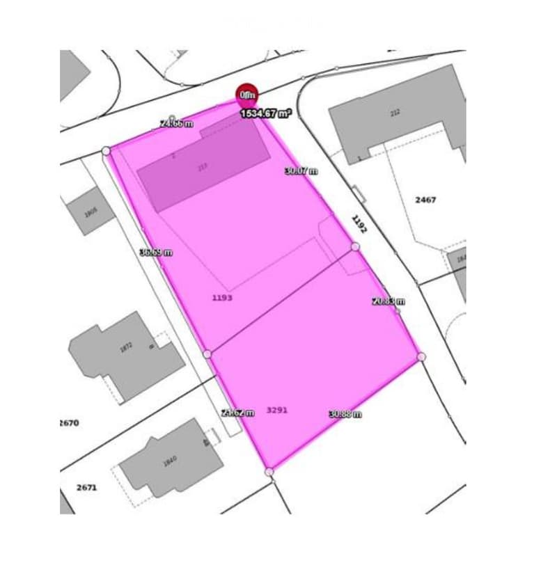 Plot of land with measurements and boundaries, highlighted in pink, surrounded by neighboring plots.