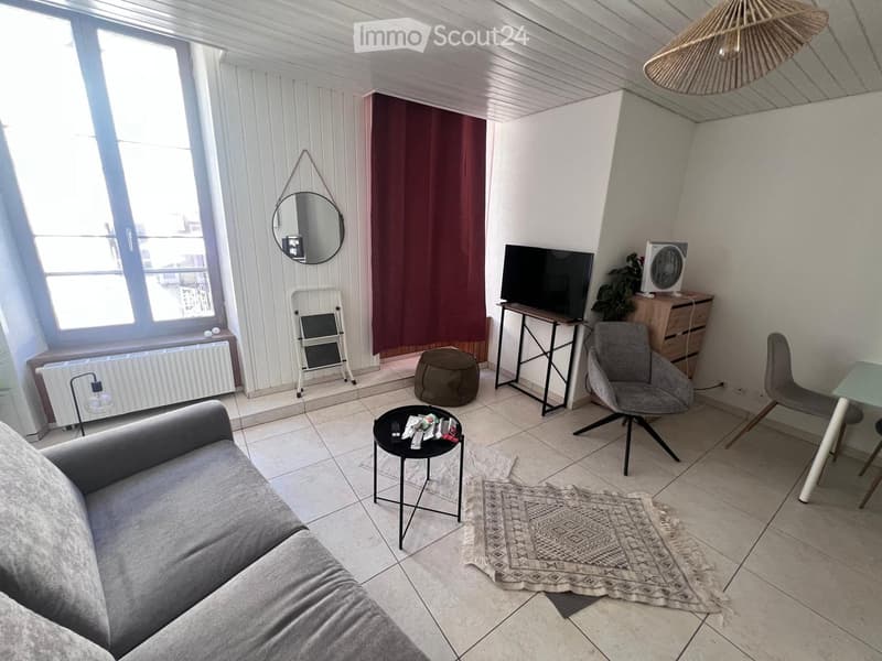Modern living room with a grey sofa, coffee table, chairs, a small table, a fan, a mirror, a stool, a lamp, and a radiator. The room features large windows with white frames and a hanging woven light fixture.