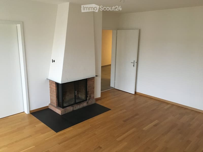 Empty room with wooden flooring, white walls, and a fireplace with a brick base and glass front.