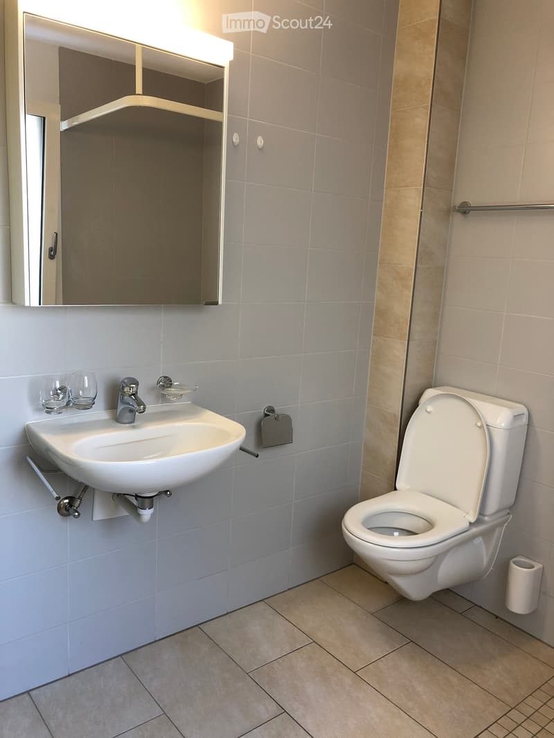 Modern bathroom with a white sink, chrome faucet, toilet, and a large mirror with built-in lighting. The walls are tiled in light gray and beige, and the floor is tiled in beige.