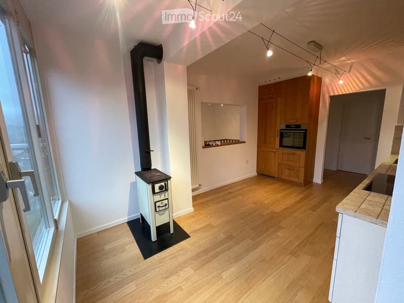 The room features wooden flooring, wooden cabinets, an oven, a wood stove, a mirror, and a shelf. The space is well-lit with track lighting and has a large window providing natural light.