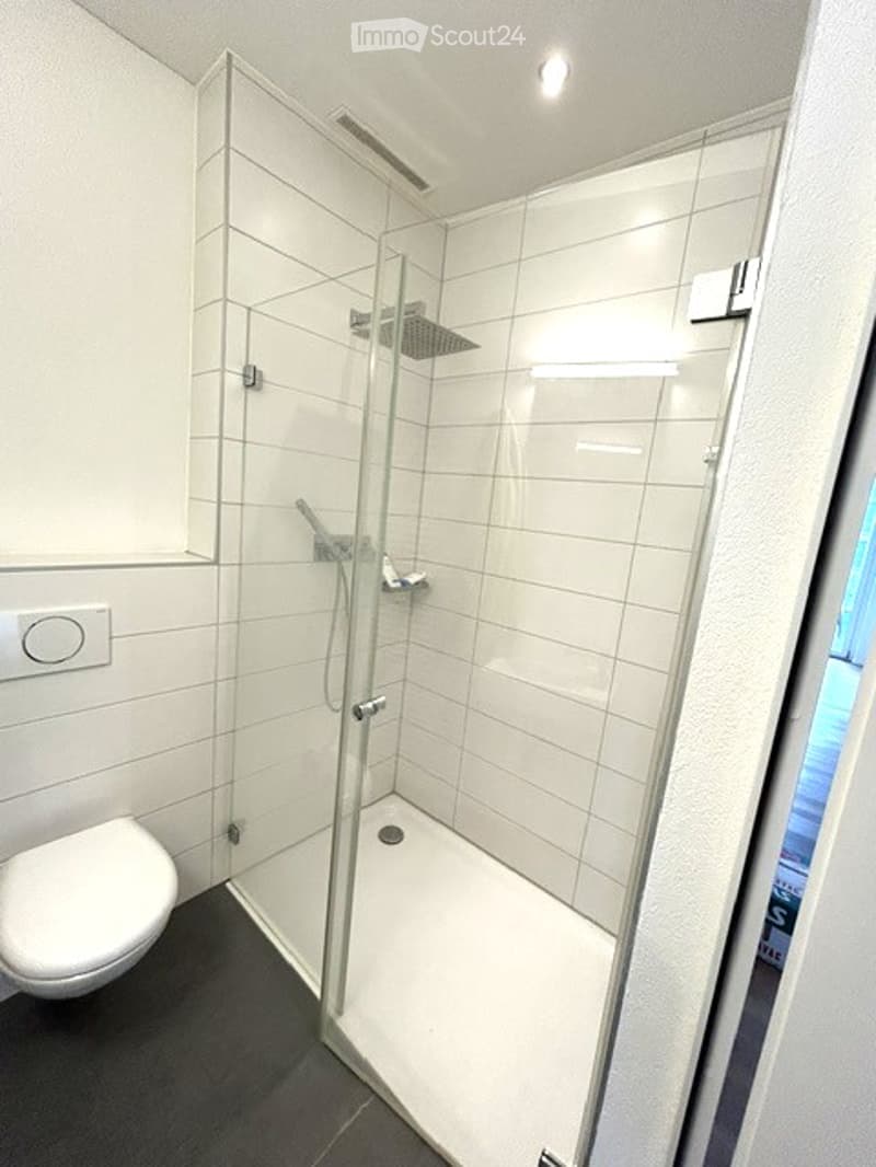 Modern bathroom with white tiled walls, a glass-enclosed shower stall, a toilet, and a sleek showerhead.