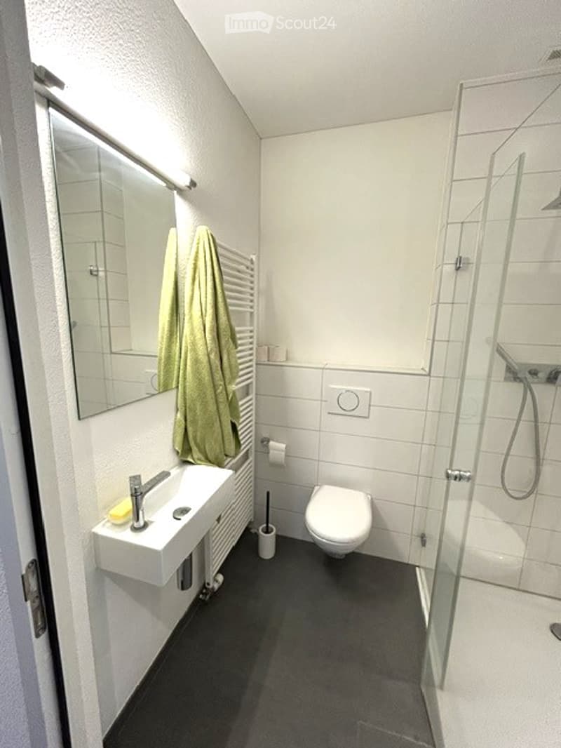 Modern bathroom with white tiles, a white sink, a mirror, a toilet, a glass-enclosed shower, and a green towel hanging on a radiator.