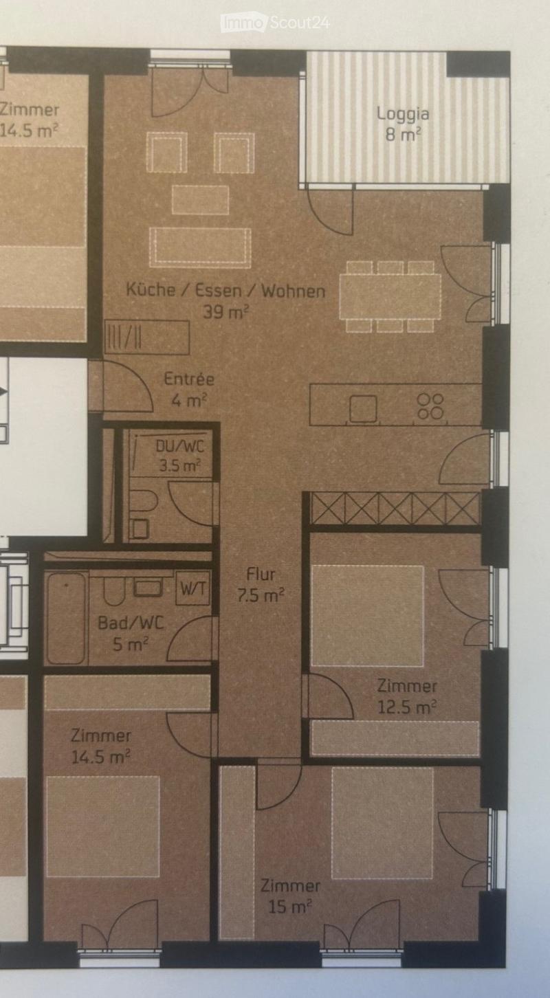 Floor plan of a multi-room apartment including a combined kitchen/dining/living area, two bedrooms, a bathroom, a hallway, a loggia, and an entrance area.