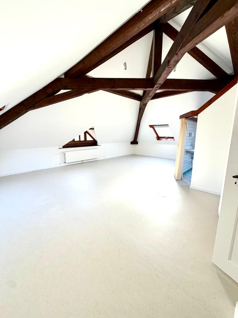 Empty attic space with exposed wooden beams, white walls, and a skylight window. A small bathroom is visible in the corner.