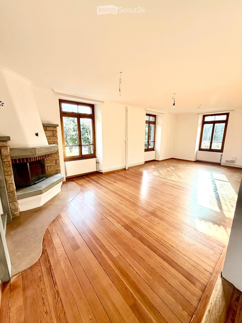 Empty room with wooden flooring, white walls, large windows, and a stone fireplace.