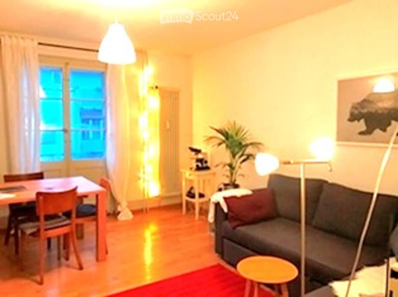 modern open layout with a large sofa, dining table, and chairs, a window with curtains, a side table, a plant, a lamp, and a painting on the wall
