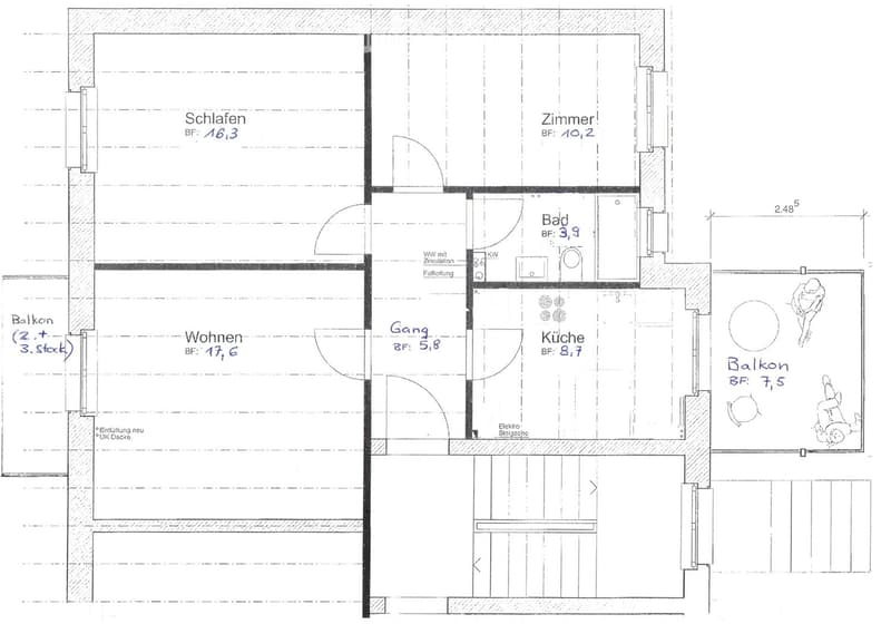 One bedroom, one bathroom, living room, kitchen, hallway, balcony