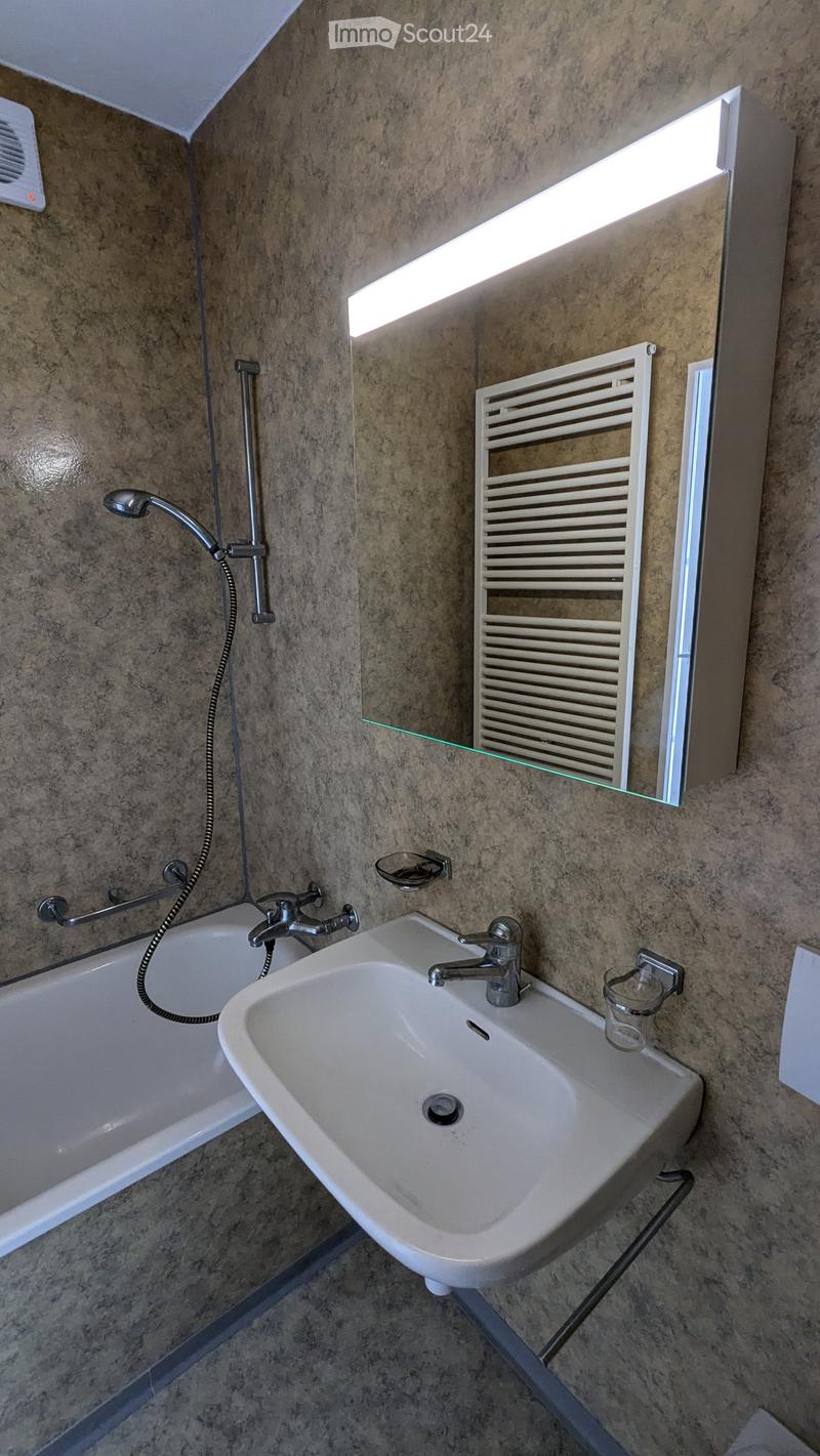 Modern bathroom with a double sink, bathtub, mirror, radiator, and a cup on the sink.
