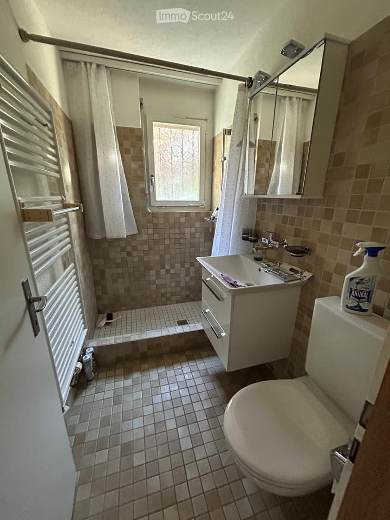Small bathroom with tiled walls and floor, featuring a toilet, sink with mirror, shower area with curtain, and a radiator on the left side.