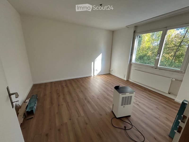 Empty room with wooden flooring, white walls, large windows, and a small air conditioning unit placed on the floor.