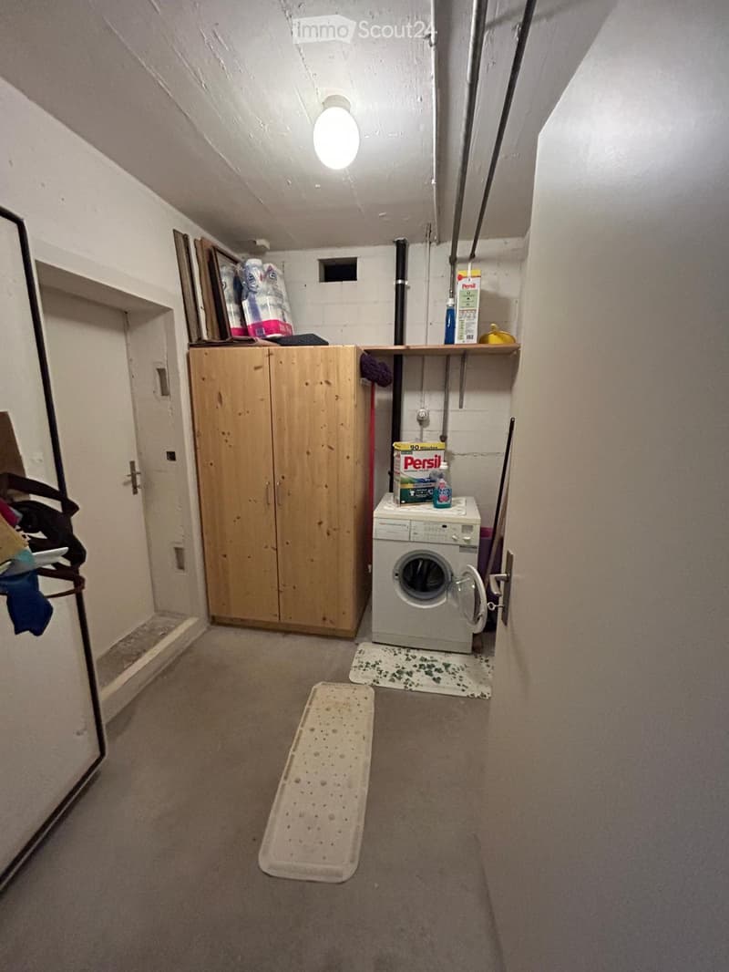 Small utility room with a washing machine, wooden cabinet, shelves holding cleaning supplies, and a mop leaning against the wall.