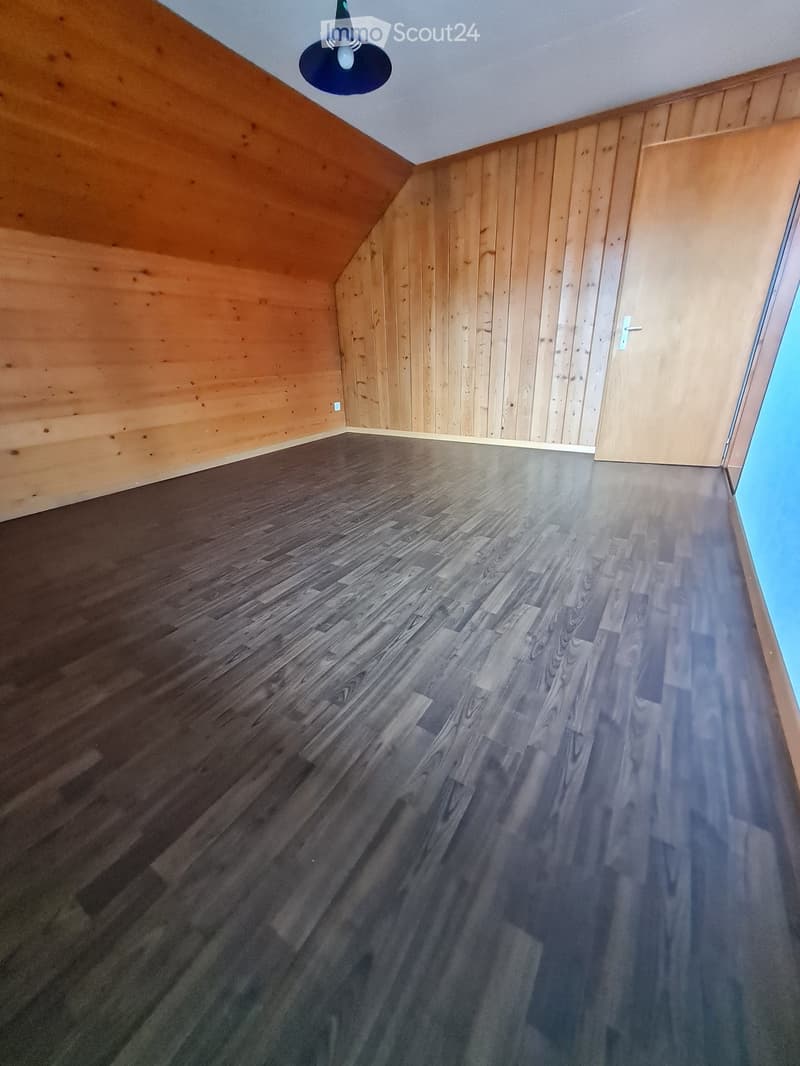 Empty room with wooden walls and dark wooden flooring, featuring a single door and a hanging light fixture.