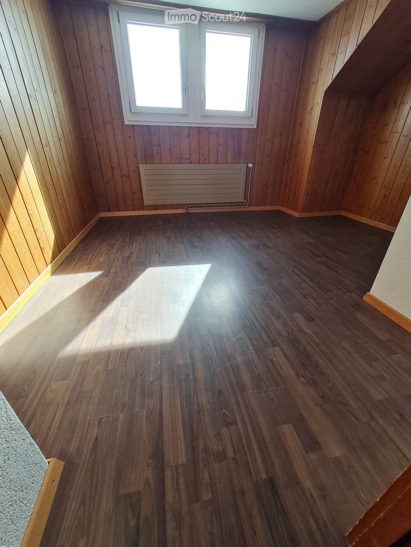 Empty room with wooden walls and floor, large window letting in natural light, radiator on wall.