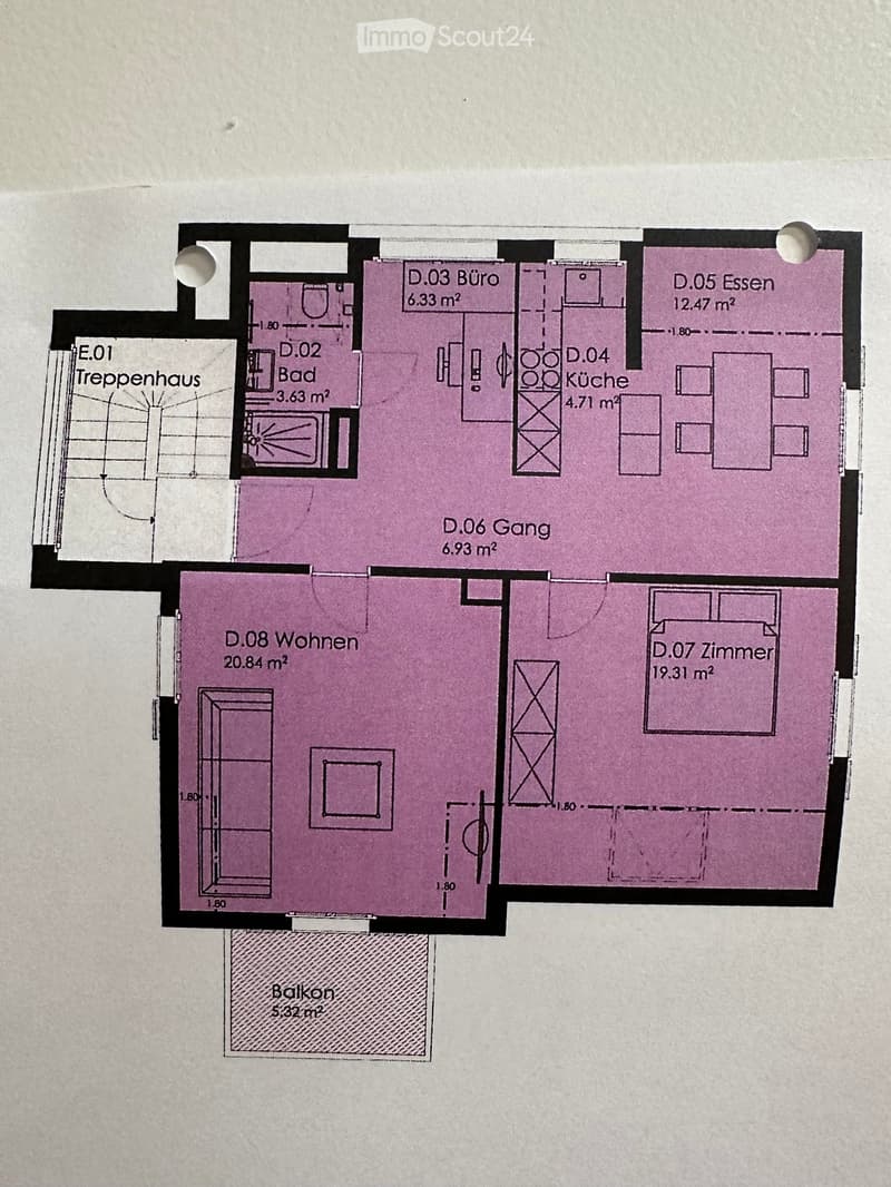 Floor plan showing a living area, bedroom, kitchen, dining area, bathroom, hallway, and balcony.