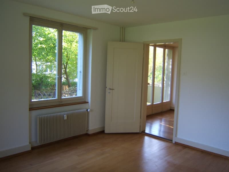 Empty room with wooden flooring, large window with view of greenery, radiator below window, and an open door leading to another room with wooden flooring.