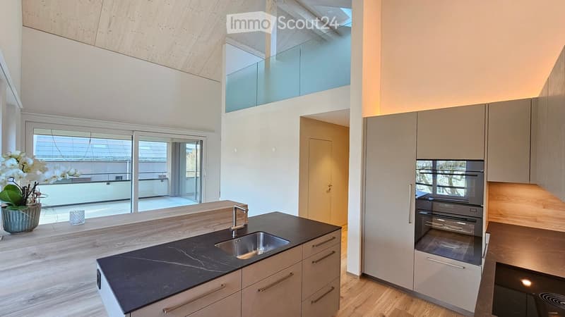 modern kitchen, black granite counter, double oven, wooden floors, tall glass walls, flower vase, open terrace