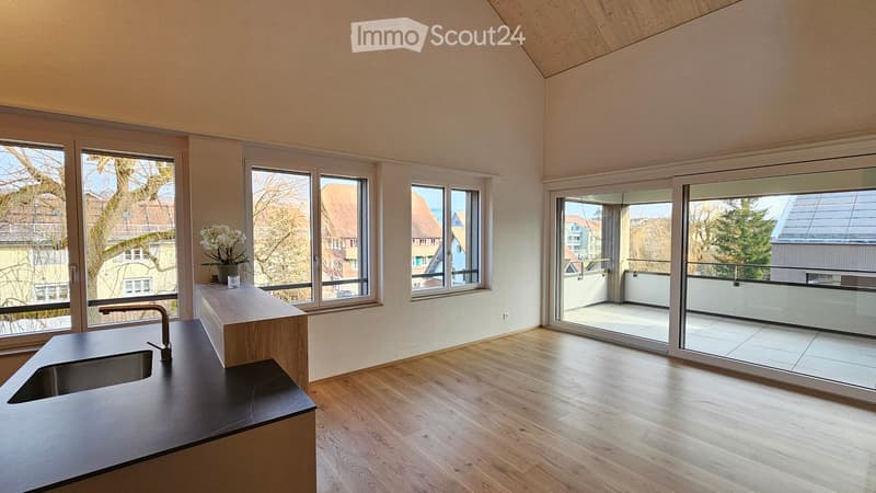 kitchen with granite countertop, stainless steel sink, wooden cabinet, balcony with sliding glass doors