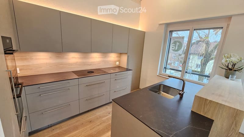 Kitchen: granite countertops, stainless steel sink, gas stove, window, modern cabinets
