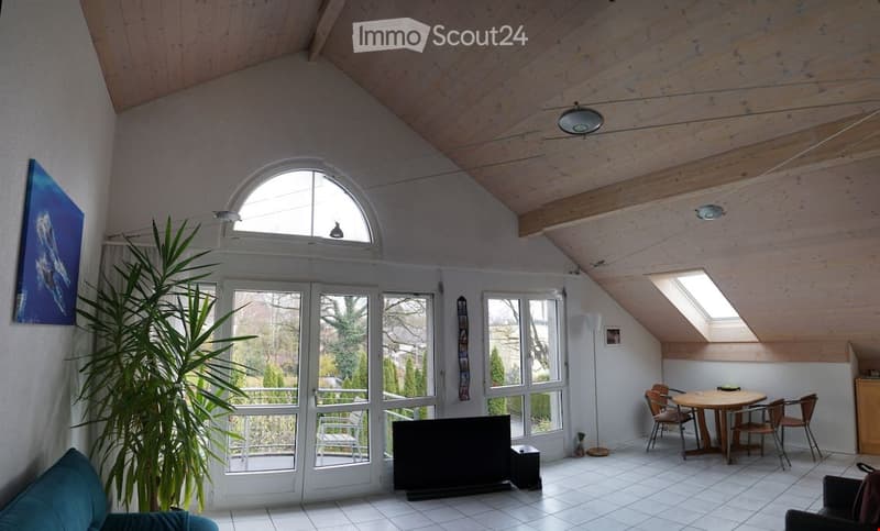Bright living room with large windows and a skylight, featuring a sofa, coffee table, dining table with chairs, television, floor lamp, and a potted plant.