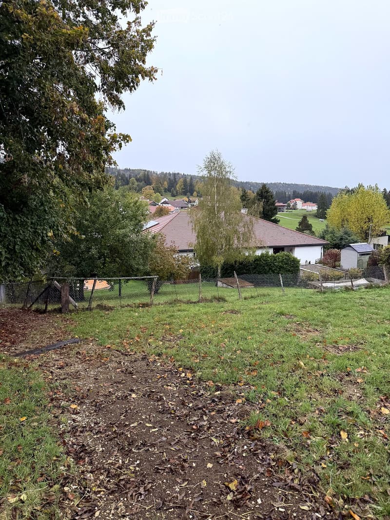 A rural garden area with a fenced yard, grassy lawn, and a house with a red-tiled roof in the background. The scene includes trees, a pathway, and a small shed.