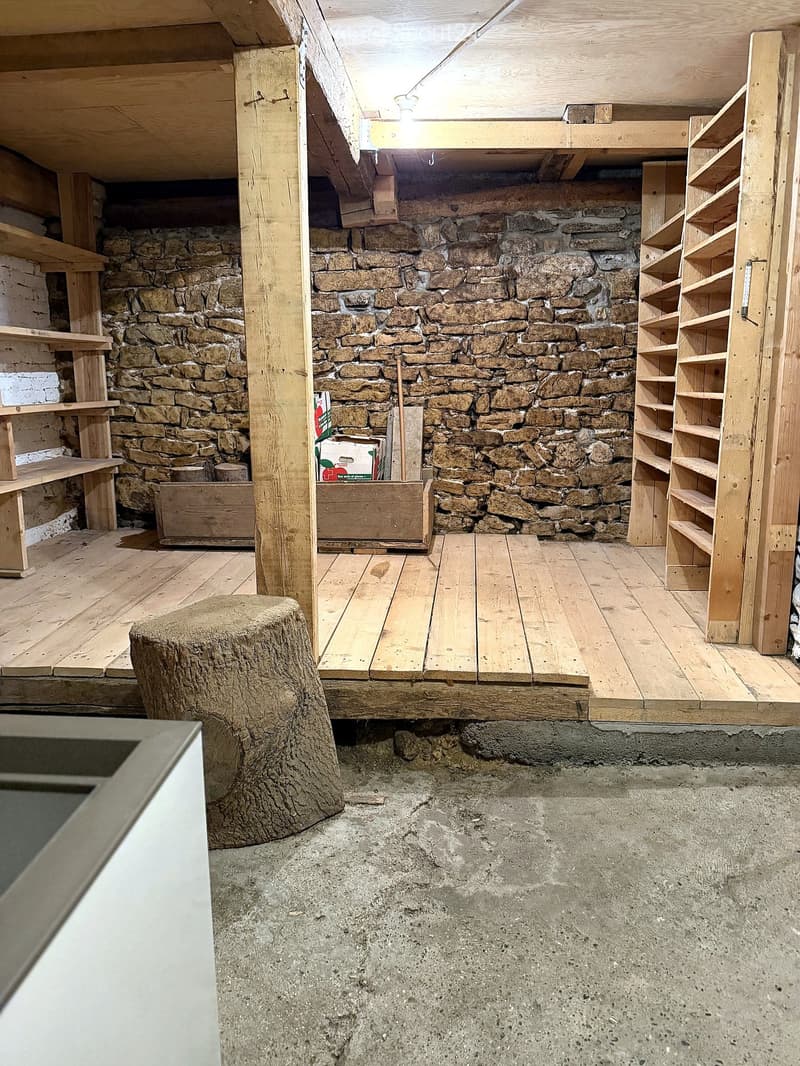 An unfurnished room with exposed stone walls, wooden beams, and a concrete floor. Features include wooden shelves, a wooden bench, and a tree stump as a seating area.