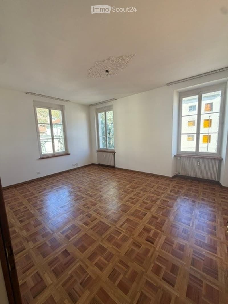 Empty room with wooden parquet flooring, white walls, and multiple windows with radiators beneath them.