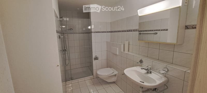 Modern bathroom with white tiles, a toilet, a sink with a mirror cabinet, and a glass-enclosed shower area.