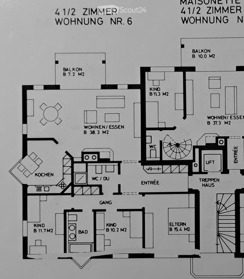 Floor plan of a 4.5-room apartment with labeled rooms including living/dining area, kitchen, bathrooms, bedrooms, and balconies.