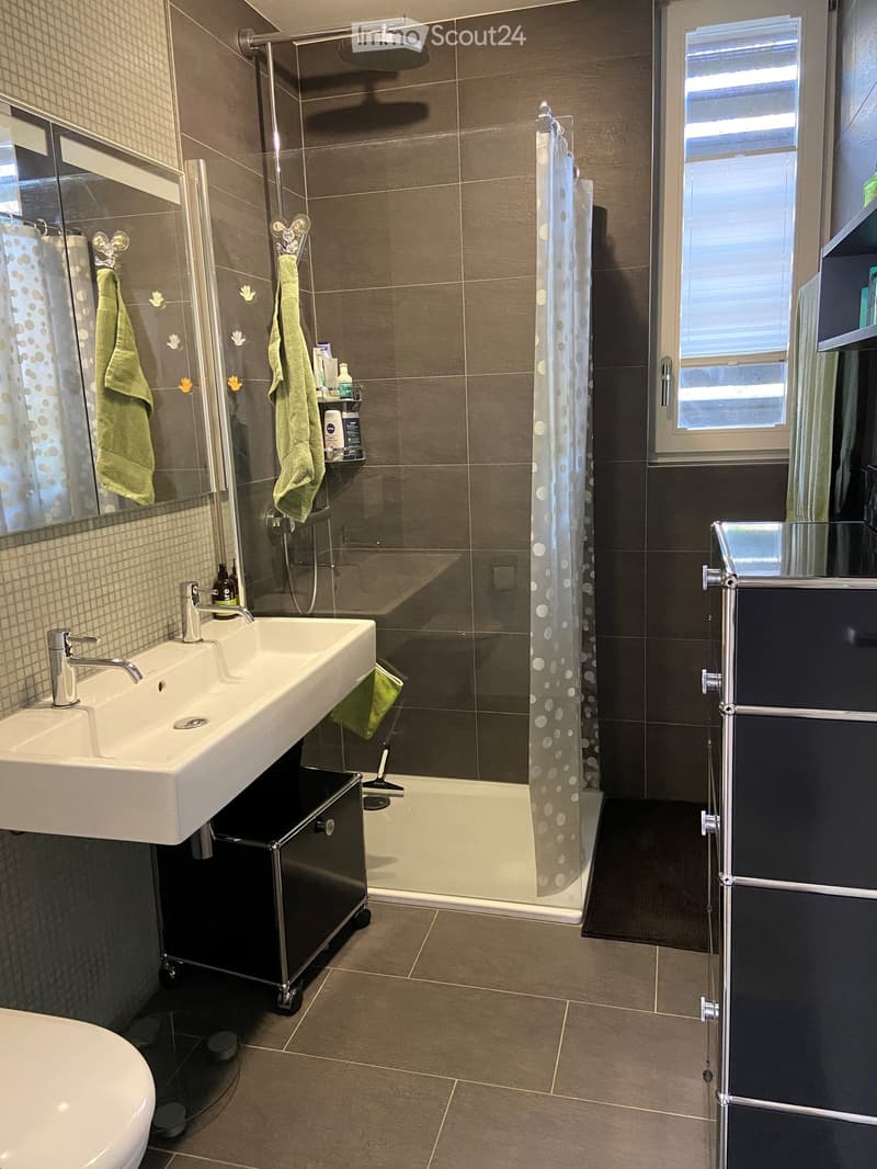 Modern bathroom with a white sink, chrome faucet, large mirror, glass-enclosed shower, and dark brown tiles.
