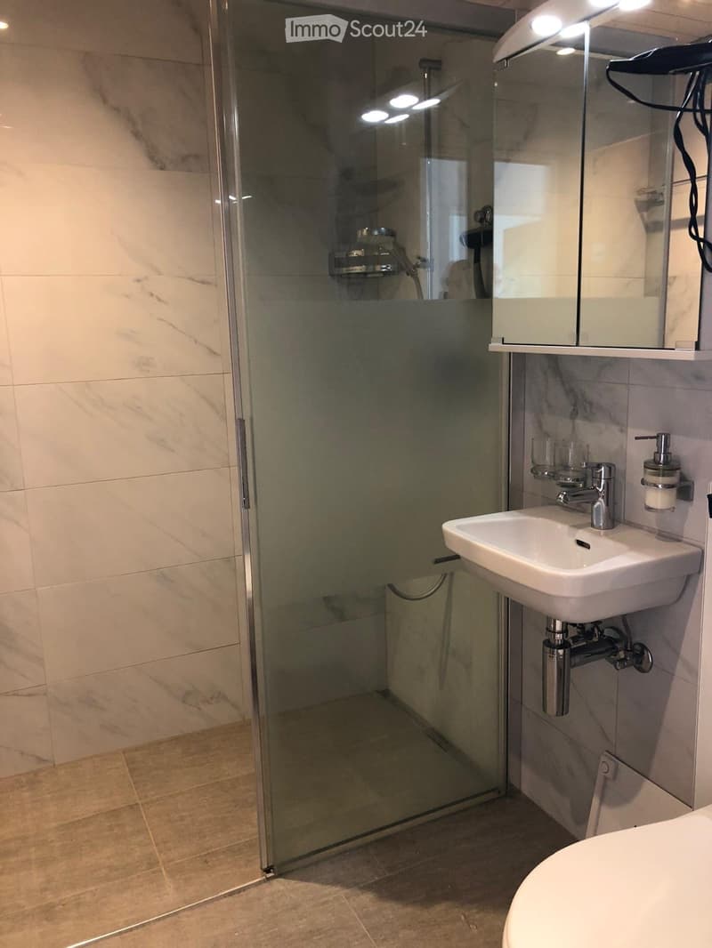 Modern bathroom with marble tiles, a glass-enclosed shower, a white sink with a modern faucet, and a toilet. The shower has a sleek design with built-in lighting.