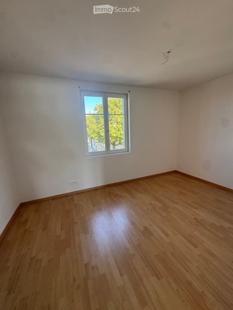 Empty room with wooden flooring and a single window showing a tree outside. No furniture or equipment present.