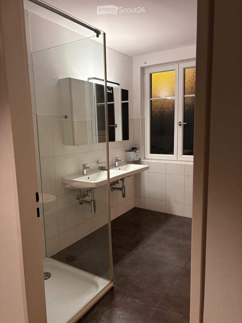 Modern bathroom with double sink, mirrored cabinet, glass-enclosed shower, and frosted windows.