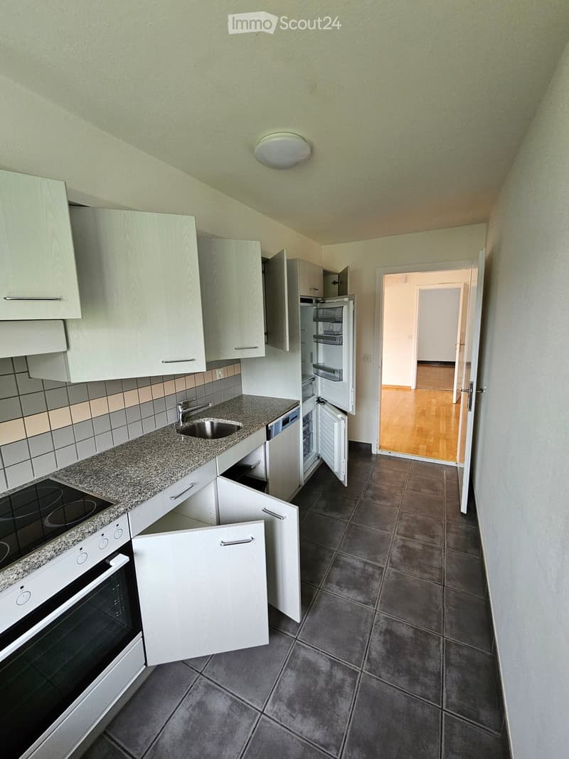 Modern kitchen with white cabinets, granite countertop, stainless steel sink, and open refrigerator. The floor is tiled, and the walls are painted in a light color.