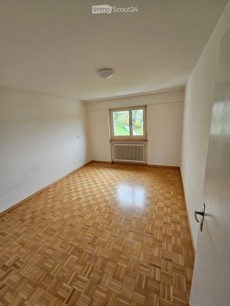 Empty room with wooden herringbone flooring, white walls, a single window with a radiator below, and a ceiling light fixture.