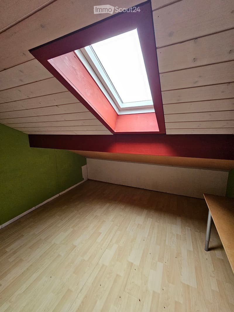 Empty attic space with wooden flooring, green wall, and a skylight window allowing natural light.