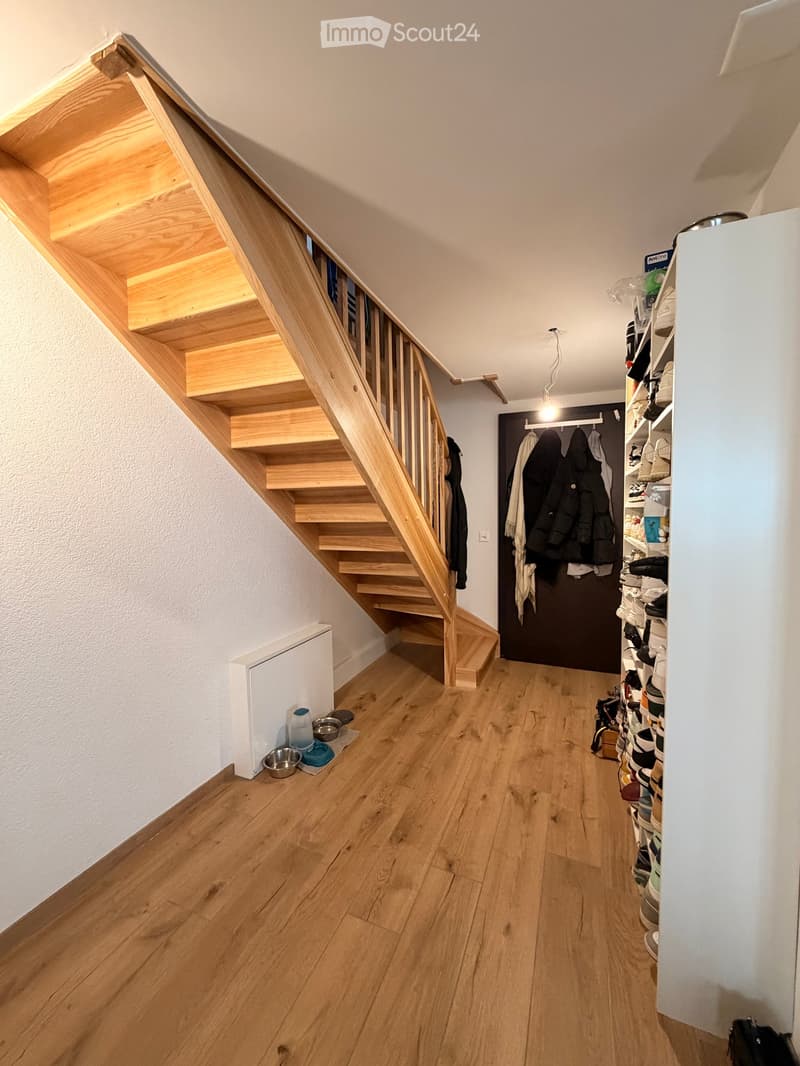 Wooden staircase with built-in lighting, coat rack with jackets, shoe rack, and pet feeding area with bowls and water container.