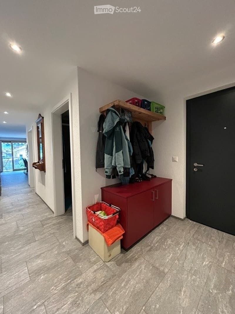 A modern hallway with a red cabinet, a coat rack with jackets, a shelf holding boxes, and a basket on the floor.