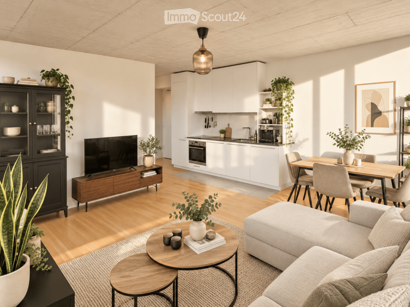 Modern living and dining area with a grey sectional sofa, wooden coffee table, TV stand, dining table with chairs, kitchen area with white cabinets, oven, sink, and coffee maker, and various decorative plants and artwork.