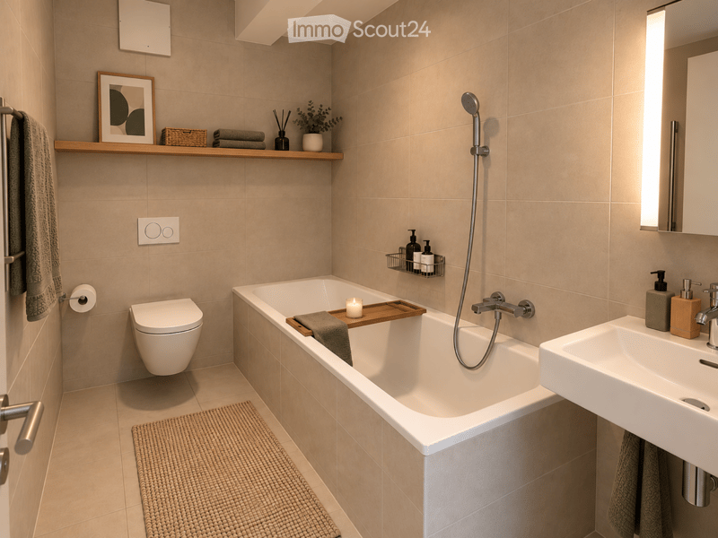 Modern bathroom with beige tiles, a bathtub, toilet, sink, and a large mirror. Includes a towel, showerhead, candle, and decorative plant on a shelf.
